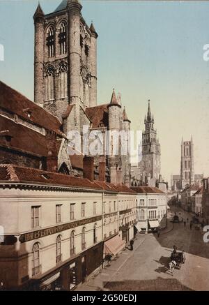 Vintage-Foto des alten Gent. Der Belfry. St. Nicolas Kirche und St. Bavon. Belgien. 1900er Stockfoto