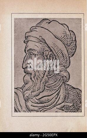 Stich von Johannes Gutenberg. Johannes Gensfleisch zur Laden zum Gutenberg (c. 1400 – 3. Februar 1468) war ein deutscher Goldschmied, Erfinder, Drucker, Stockfoto