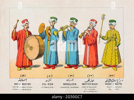 Illustrierte Geschichte der türkischen Armee (Osmanisches Reich). Bache Mehter (Bassdirigent und zweiter Musikdirigent). Zil-zen (Becken). Borouzen (Posaune Stockfoto