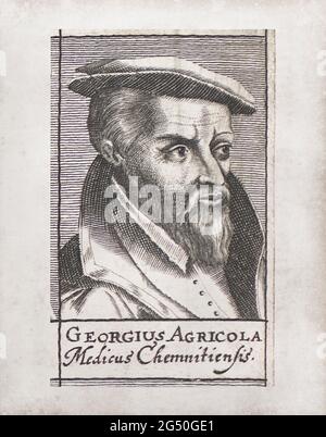 Gravur des Georgius Agricola Portraits. 16. Jahrhundert. Georgius Agricola (geboren Georg Pawer oder Georg Bauer; 1494 – 1555) war ein deutscher Humanist-Gelehrter, Stockfoto