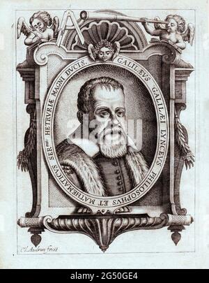 Gravierung des Porträts von Galileo Galilei. 1641 Galileo di Vincenzo Bonaiuti de' Galilei (1564 – 1642) war ein italienischer Astronom, Physiker und Enginee Stockfoto