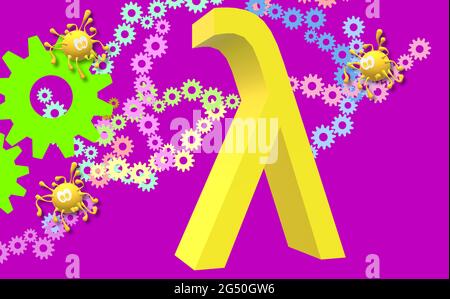 COVID-19 LAMBDA-VARIANTENLINIE C.37, Pandemie-Bedrohung. Globale Gesundheitskrise. Symbol, der 11. Buchstabe des griechischen Alphabets. Virussimulierte Zeichnung. Stockfoto