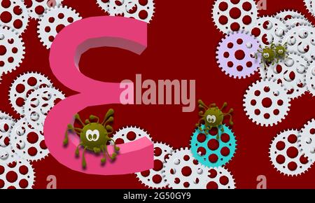 COVID-19 EPSILON-VARIANTE B.1.429, B.1.427, CAL.20C, PANDEMIE-BEDROHUNG. Globale Gesundheit. Der fünfte Buchstabe des griechischen Alphabets. Virussimulierte Zeichnung. Stockfoto