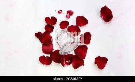 Ein leeres glockenförmiges Glasgefäß mit aufgehendem Deckel, das auf der Oberfläche liegt, mit roten Rosenblättern, die sich um das Glas ausbreiten. Stockfoto