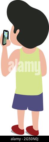 Mann unterwegs mit dem Smartphone in der Hand um die Welt und fotografiert die Natur. Reisefotografie, Naturfotografie mit Mobiltelefon. Stock Vektor