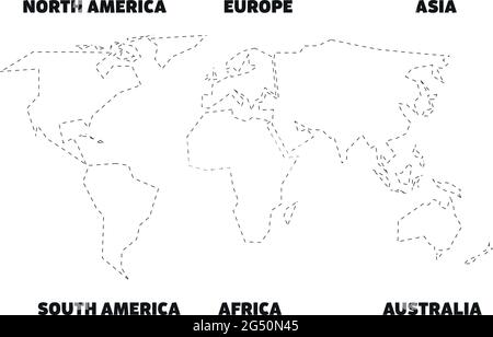 Vereinfachte schwarze Umrisse der Weltkarte, die auf sechs Kontinente aufgeteilt ist. Einfache flache Vektorgrafik auf weißem Hintergrund Stock Vektor