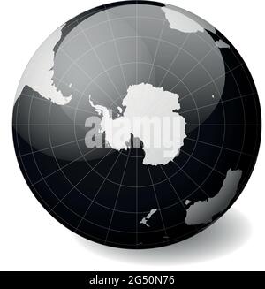 Erdglobus mit weißer Weltkarte und schwarzen Meeren und Ozeanen mit Fokus auf Antarktis und Südpol. Mit dünnen weißen Meridianen und Parallelen. 3D-Hochglanz Stock Vektor