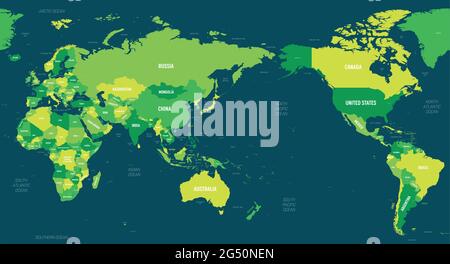 Weltkarte - Asien, Australien und Pazifik zentriert. Grüner Farbton auf dunklem Hintergrund. Hohe detaillierte politische Landkarte der Welt mit Land Stock Vektor