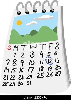 Reise-Kalender im Cartoon-Stil mit eingekreisten Daten und Reisebild oben. Landschaftsbild mit Hügeln und Himmel und Sonne. Isolierter Vektor-Clipart. Stock Vektor