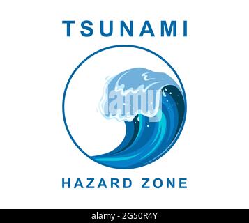 Tsumani-Welle mit weißem Schaumstoff im flachen Cartoon-Stil. Warnblinkanlage. Vektorgrafik Stock Vektor