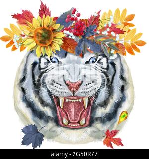 Aquarell-Illustration eines weißen lächelnden Tigers in einem Kranz aus Herbstblättern Stockfoto