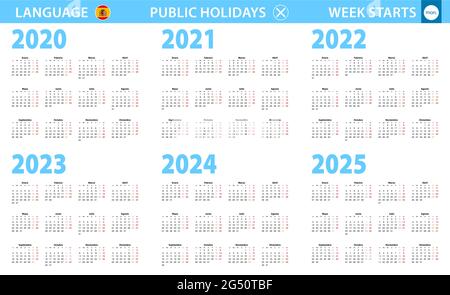 Kalender in spanischer Sprache für die Jahre 2020, 2021, 2022, 2023, 2024, 2025. Woche beginnt ab Montag. Vektorkalender. Stock Vektor