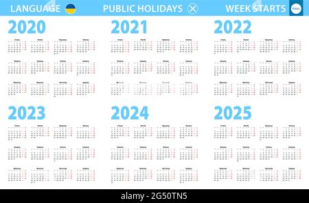 Kalender in ukrainischer Sprache für die Jahre 2020, 2021, 2022, 2023, 2024, 2025. Woche beginnt ab Montag. Vektorkalender. Stock Vektor