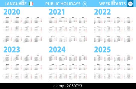 Kalender in italienischer Sprache für die Jahre 2020, 2021, 2022, 2023, 2024, 2025. Woche beginnt ab Montag. Vektorkalender. Stock Vektor