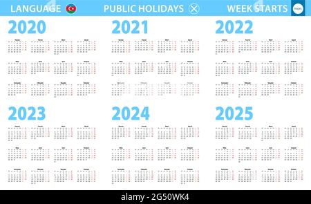 Kalender in aserbaidschanischer Sprache für die Jahre 2020, 2021, 2022, 2023, 2024, 2025. Woche beginnt ab Montag. Vektorkalender. Stock Vektor