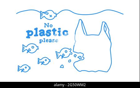 Eine Plastiktüte schwimmt im Meer. Fische schlucken Mikroplastik und sterben. Vektor mit englischem Text: Bitte keine Plasik. Stock Vektor