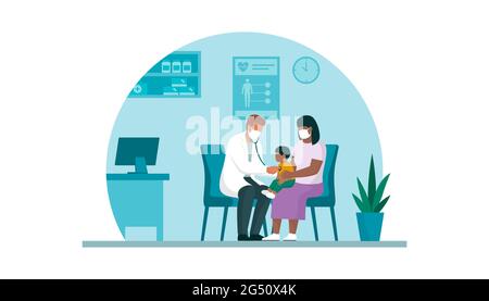 Ein professioneller Arzt, der eine Konsultation bei einer Mutter mit ihrem Baby gibt, überprüft seinen Herzschlag Stock Vektor