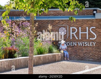 RHS Garden Sign Wisley Eingang mit Dame sitzen etwas Schatten im Hochsommer, während sie ihre Smart-Handy Wisley Gardens Surrey UK überprüfen Stockfoto