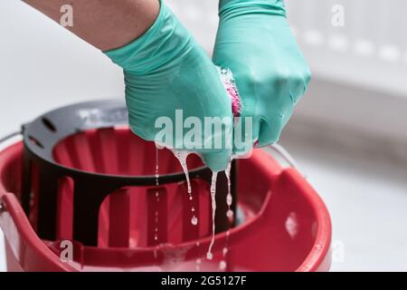 Hände in Gummihandschuhe auswringen ein Reinigungstuch, Wasser und Seife sud tropft in roten Eimer. Stockfoto