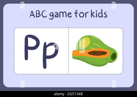 Kind Alphabet Mini-Spiele im Cartoon-Stil mit dem Buchstaben P - Papaya. Vektor-Illustration für Spiel-Design - Schneiden und spielen. Lerne abc mit Flash-Karten für Obst und Gemüse. Stock Vektor