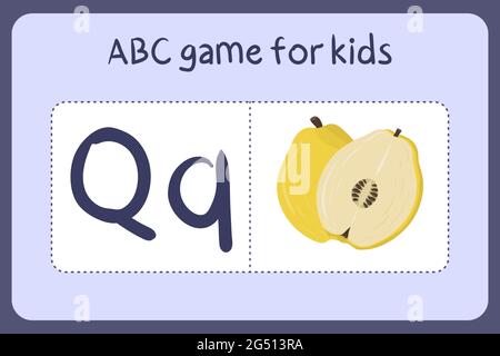 Kind Alphabet Mini-Spiele im Cartoon-Stil mit dem Buchstaben Q - Quitte. Vektor-Illustration für Spiel-Design - Schneiden und spielen. Lerne abc mit Flash-Karten für Obst und Gemüse. Stock Vektor