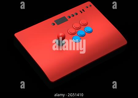 Vintage-Arcade-Stick mit Joystick und Knöpfen in Turnierqualität auf Schwarz Stockfoto