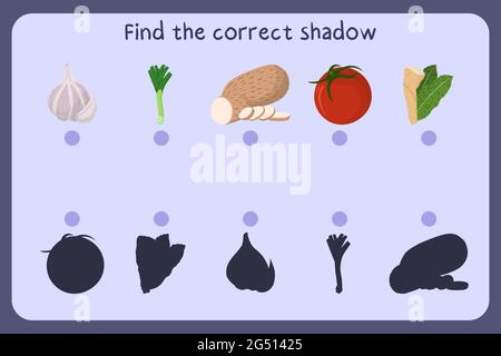Passende Kinder Lernspiel mit Lebensmitteln - Knoblauch, Lauch, Yam, Tomaten, Meerrettich. Finden Sie den richtigen Schatten. Vektorgrafik. Stock Vektor