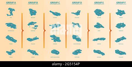 Set von Isometrischer Karte mit Fußballplatz. Karten des Fußballwettbewerbs nach Gruppen sortiert. Vector Kollektion. Stock Vektor
