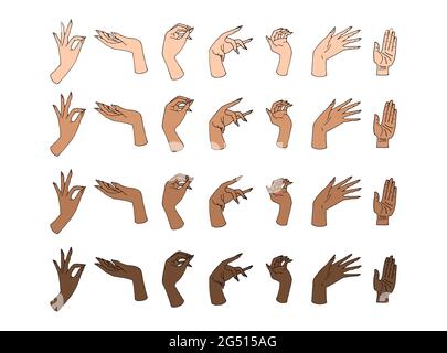 Line Art Illustration von handgezeichneten weiblichen Hands Set. Defferente Hauttöne. Stock Vektor