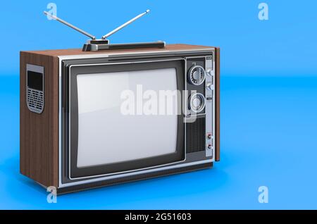 Retro-Fernseher auf blauem Hintergrund, 3D-Rendering Stockfoto
