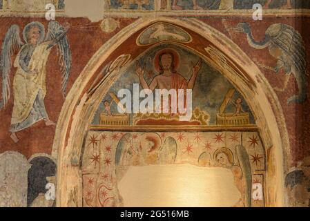 Solsona Museum. Der gotischen Kunst gewidmetter Raum. Gemälde der Kirche Sant Pau de Casserres (Berguedà, Katalonien, Spanien) Stockfoto
