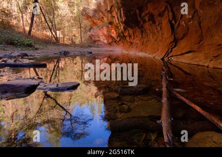 Die Wände des Canyons spiegeln sich in Oak Creek außerhalb von Sedona, AZ Stockfoto