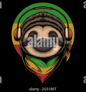 Sloth Rasta A trägt Kopfhörer Vektor-Illustration Stock Vektor