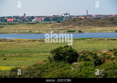 Nordseeinsel Langeoog, Frühsommer, Dünenlandschaft im Inselinneren, Blick von der Melkhörndüne, auf das Dorf Langeoog, Schloppsee Stockfoto