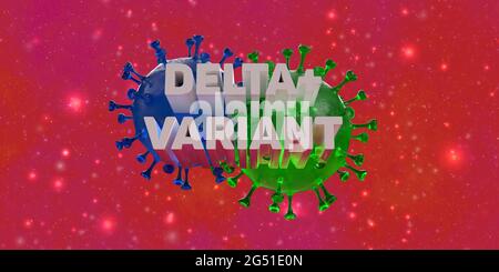 3D-Darstellung des Delta Plus Variant Coronavirus mit Delta+ Variant Text. Stockfoto