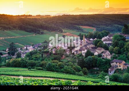 Dorf und Weinberge bei Sonnenuntergang, Pernand-Vergelesses, Cote de Beaune, Burgund, Frankreich Stockfoto