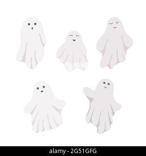 Kleine niedliche weiße Geister mit Emotionen Set-Vektor-Illustration auf dem weißen Hintergrund, niedliche gruselige einfache Charakter schwarz und weiß Zeichnung für Halloween-Feiertagsfeiern Stock Vektor