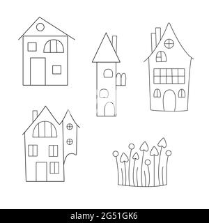 Halloween Haunted Häuser Set, einfache Doodle-Stil niedlichen Umriss Vektor Illustration, Herbst traditionellen Urlaub Party Dekor, Karten, Einladungen Stock Vektor