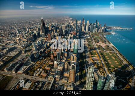 Luftbild mit der Innenstadt von Chicago, Illinois, USA Stockfoto