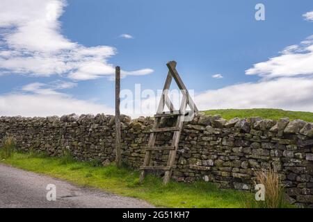 An einem schönen Frühlingstag, North Pennines, County Durham, England, führen Sie eine Leiter über eine Trockenmauer Stockfoto