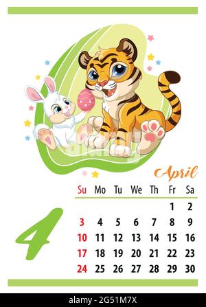 Wandkalender für 2022, April. Niedliche Cartoon Tiger Junge mit osterhase. Das Symbol des Jahres. Tierischer Charakter. Darstellung von Farbvektoren. Wochensta Stock Vektor