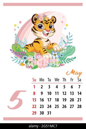 Wandkalender für 2022, Mai. Niedliche Cartoon Tiger Junge sitzt in Blumen. Das Symbol des Jahres. Tierischer Charakter. Darstellung von Farbvektoren. Wochenstern Stock Vektor