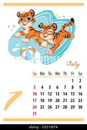 Wandkalender für 2022, Juli. Niedliche Cartoon-Tiger spielen mit einem Ball im Wasser.Symbol des Jahres. Tierischer Charakter. Darstellung von Farbvektoren. Woche Stock Vektor