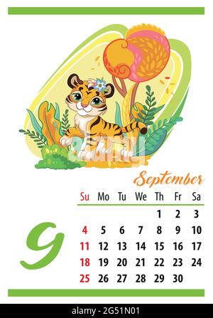 Wandkalender für 2022, September. Niedliche Cartoon-Tiger im Herbstwald. Das Symbol des Jahres. Tierischer Charakter. Darstellung von Farbvektoren. Woche Stock Vektor