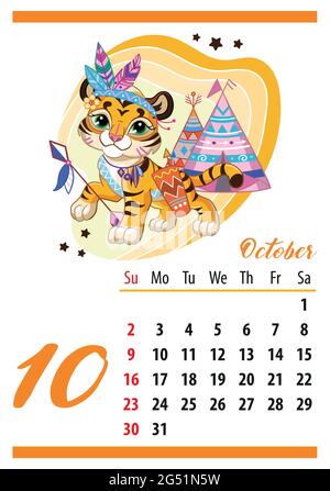 Wandkalender für 2022, Oktober. Niedliche Cartoon Tiger Junge in einem indischen Kostüm. Das Symbol des Jahres. Tierischer Charakter. Darstellung von Farbvektoren. Wee Stock Vektor