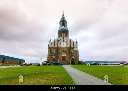 Église catholique Saint-Pierre römisch-katholische Kirche, römisch 120 Jahre alte römisch-katholische Kirche in Cheticamp, Cape Breton, Nova Scotia, Kanada Stockfoto