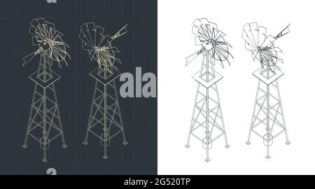 Stilisierte Vektordarstellung der isometrischen Zeichnungen der Farm Windmühle Stock Vektor