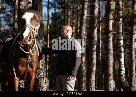 Junger Mann, der in der Nähe von Pferd steht und sich auf ein braunes Pferd vorbereitet, das über das Feld schlendert Stockfoto