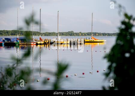 Bad Zwischenahn, Deutschland. Juni 2021. Segelboote liegen in der Abendsonne auf einem Steg im ruhigen Wasser des Zwischenahner Meeres. Quelle: Hauke-Christian Dittrich/dpa/Alamy Live News Stockfoto