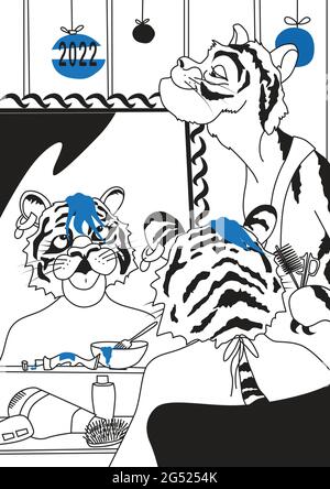 Tiger Haare färben blau. Symbol Neujahr 2022. Schönheitssalon Illustration Vektor-Karte drucken. Humor Spaß, Vorbereitung auf den Urlaub. Christma Dekorieren Stock Vektor